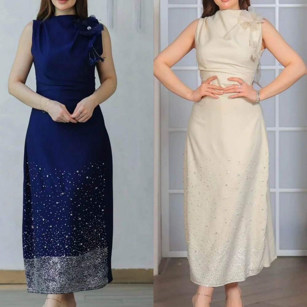 

Customized Simple Jersey Pattern Sequined Pleat A-line O-Neck Midi Dresses Bespoke Occasion Evening Elegant