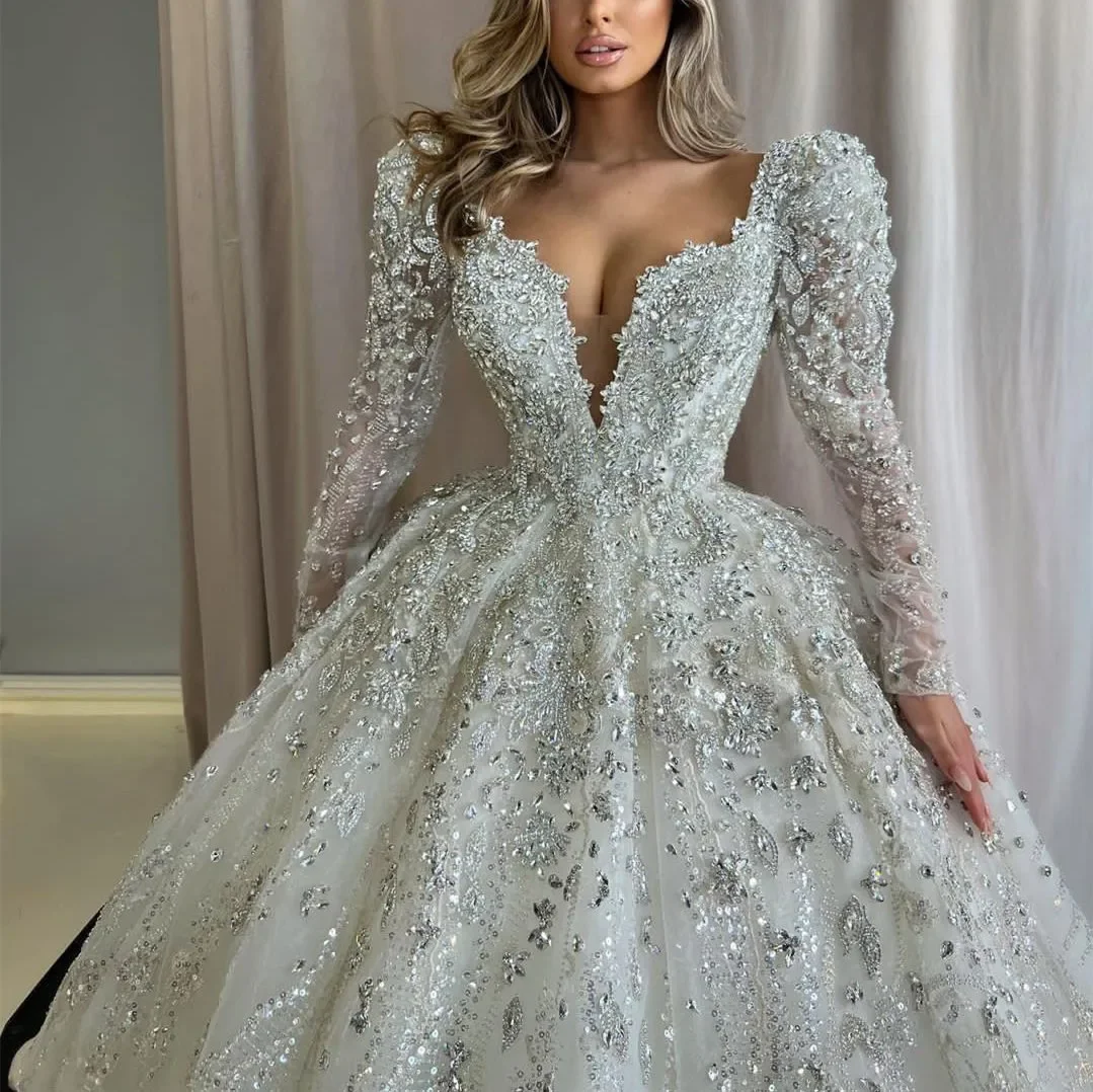 Luxurious Crystal Wedding Dresses Beaded Bride Ball Gown Sequins Princess Bridal Dress Long Sleeves Customized Vestidos De Novia