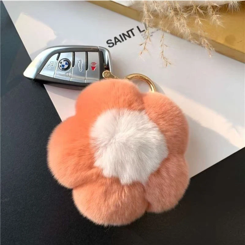Rex Rabbit Fur Sunflower Pendant Keychain Couple Keychain Fluffy Charm Cute Soft Plush Toy Key Ring Backpack Car Key Pendant