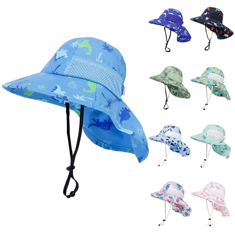 

Lightweight Toddler Baby Sun Hat Breathable Wide Brim Dinosaur Printed Bucket Hat Adjustable Shawl Beach Hat