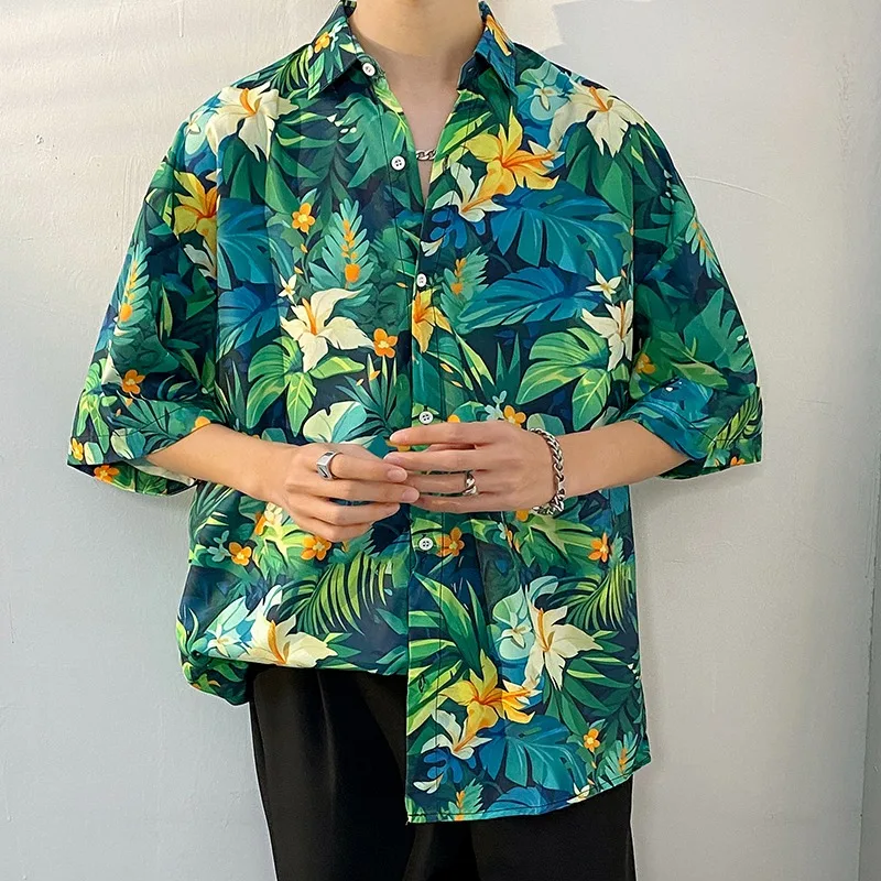 

2024 Hawaiian Style Sanya Thailand Tourism Short Sleeved Floral Shirt Men's Hainan Island Casual Beach Wear