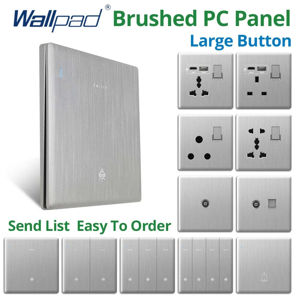 

Wallpad 1 Gang 2 Way Wall Light Switch Brushed Grey Plastic Panel EU UK Socket Type C USB Charge Port 5V 3.1A