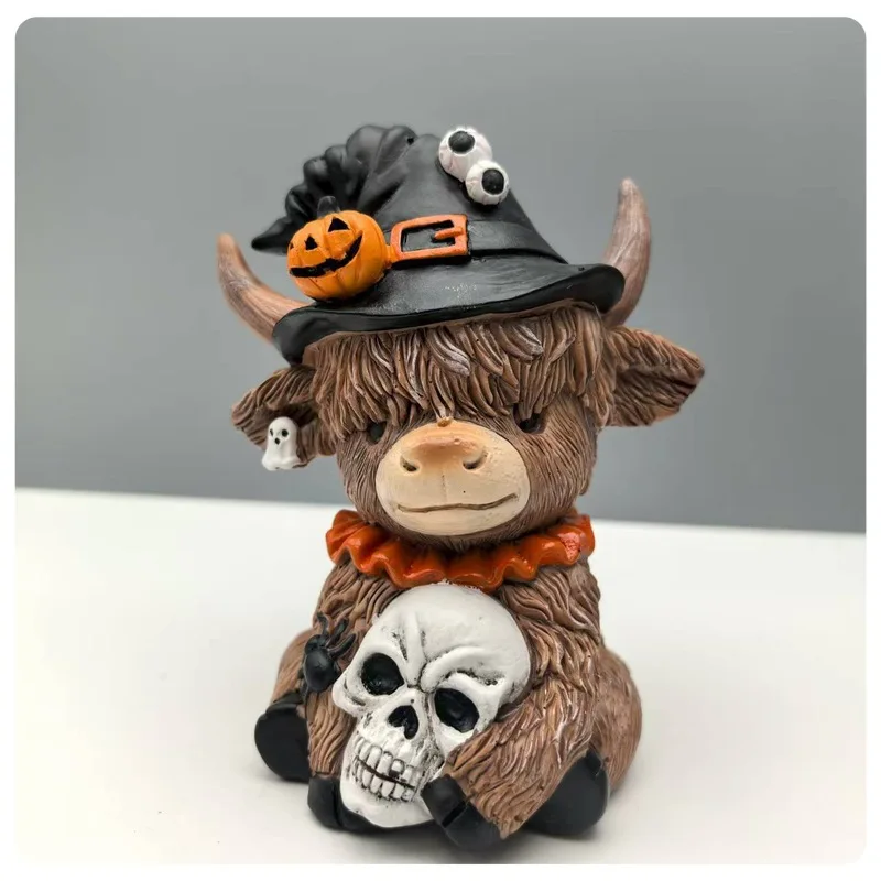 Novo halloween aranha abóbora highland vaca estátua decoração de escritório em casa ornamentos mesa esculturas brinquedos e hobbies