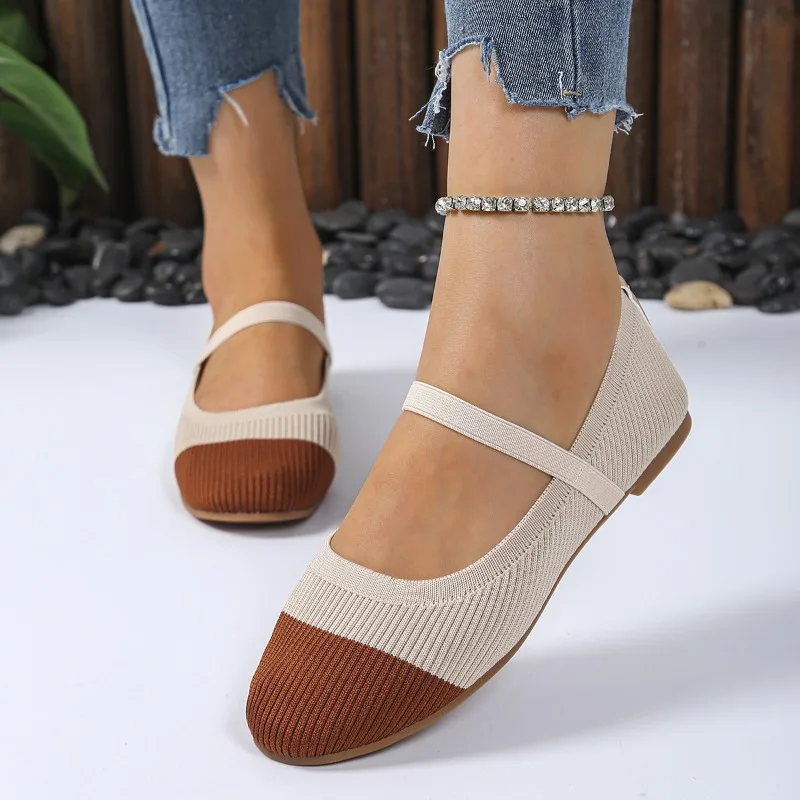 Colorblock Knit Mary Jane Flats Women Elastic Strap Square Toe Breathable Comfortable Casual Ballet Shoes Sandalias Mujer