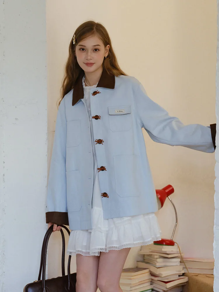 Chic Loose Fit Blue Denim Jacket Women's Casual Style Commute Fashion Multi-Pocket  Knot Cotton Polyester Blend