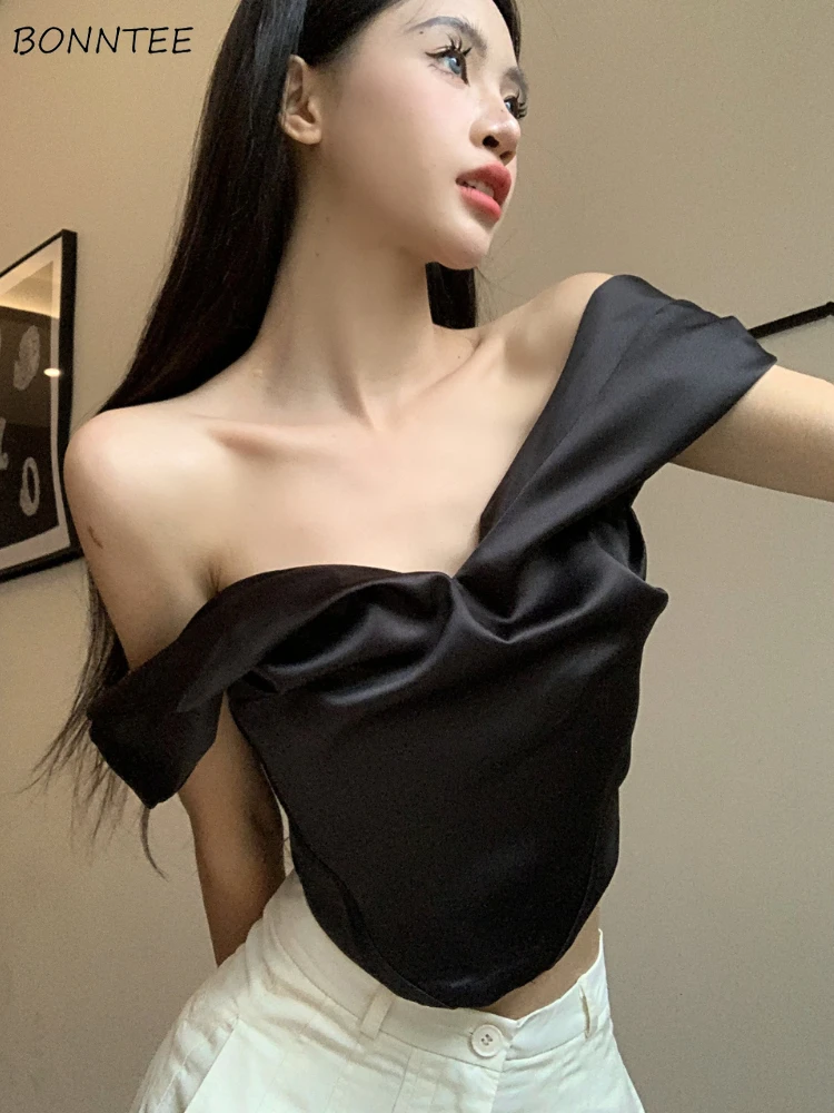 Blouses Women Simple Charming Slash Neck Design Streetwear Romantic Solid Retro Elegant Summer European Style Off Shoulder Daily