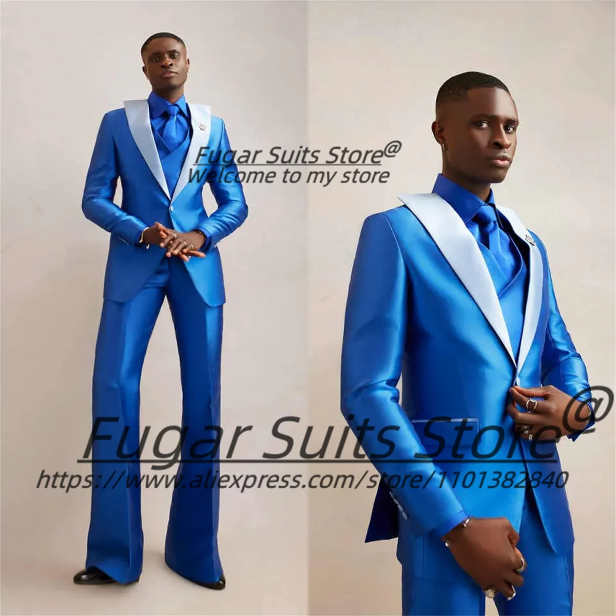 

Shiny Royal Blue Men Suits Customized Slim Fit Groom Wedding Tuxedos 3 Pieces Sets Male Prom Blazer Formal trajes para hombre