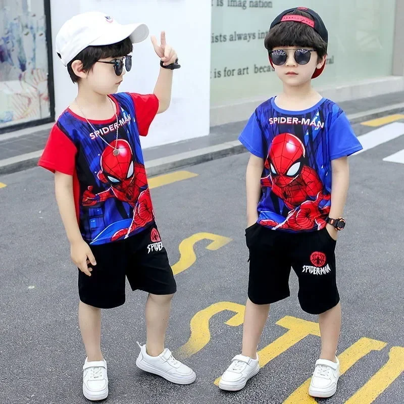 Disney Spider Man Printed Short Sleeve Tshirt Shorts Two Piece Casual Sports Girls Boys Tops Set Cartoon Summer Clothing