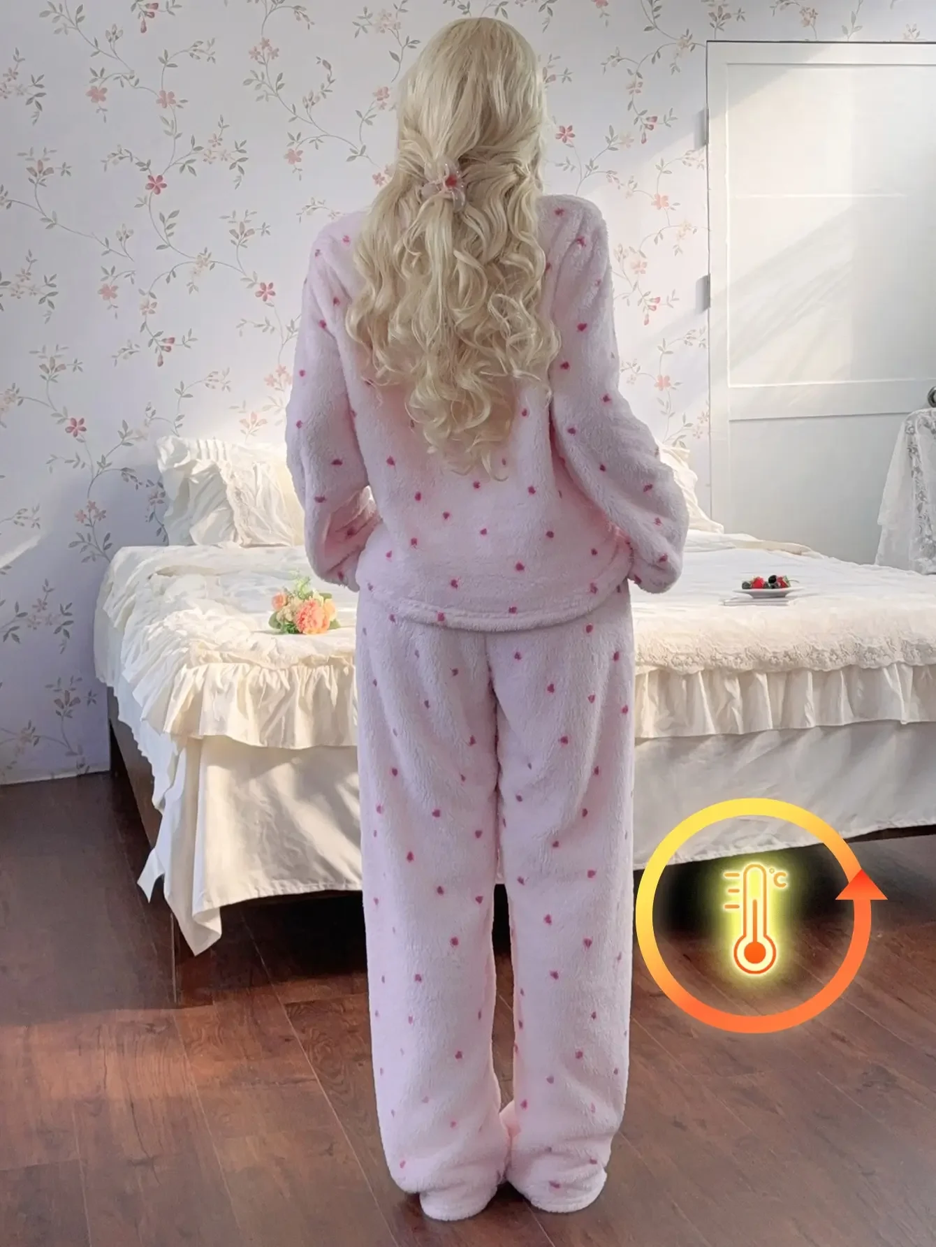 CottageSlumber Pink Double-Sided Plush Romantic Heart Print Casual Loose Women's Pajama Set
