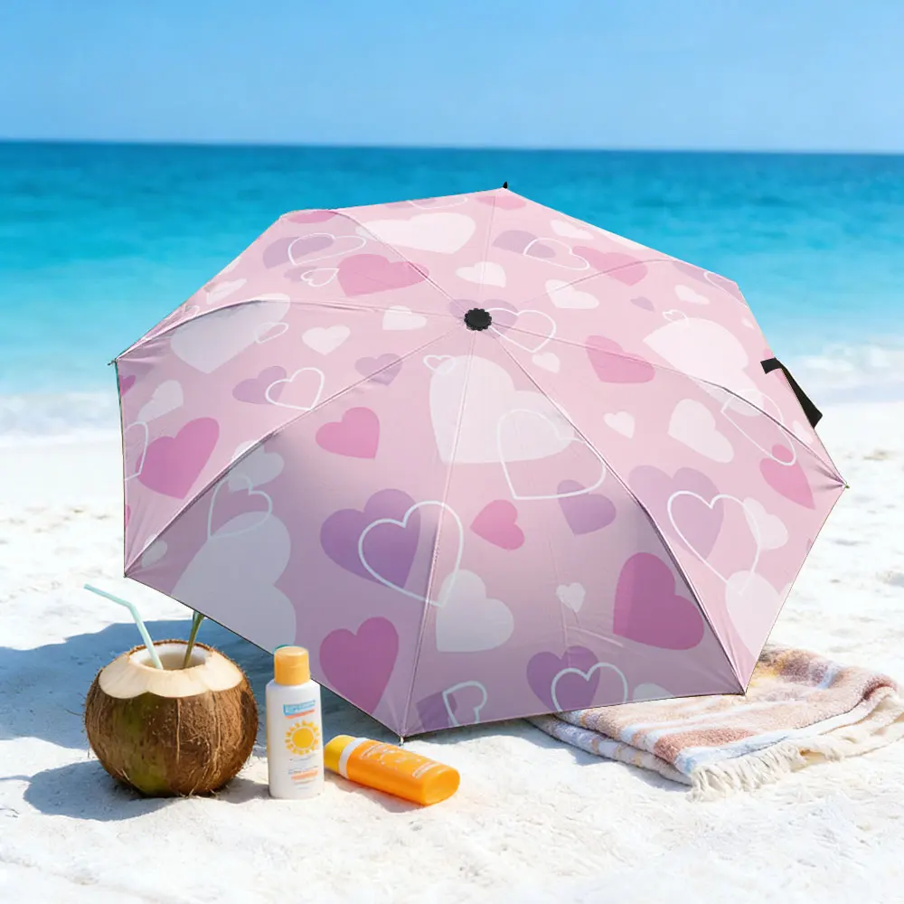 1PC Romantic Pink Heart Pattern Umbrella by the Lake Print 8 Iron Ribs Folding Umbrella Auto-Open Fashion Sunshade