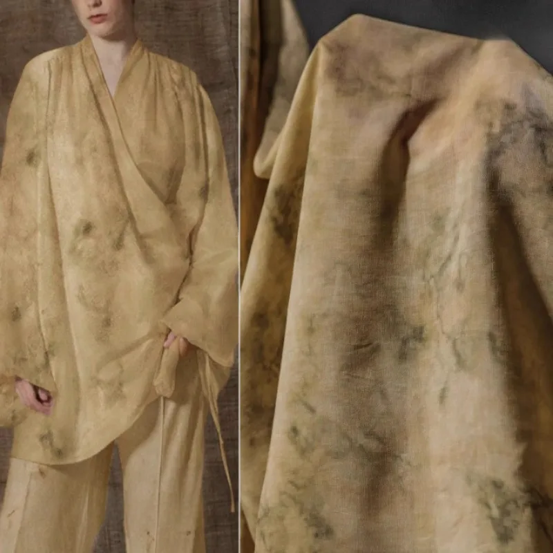 Yellow Green Mottled Tie Dye Cotton Fabric Vintage Dress Boho Plant Dyed Shirt Artistic Lightweight Breathable Soft Fabric