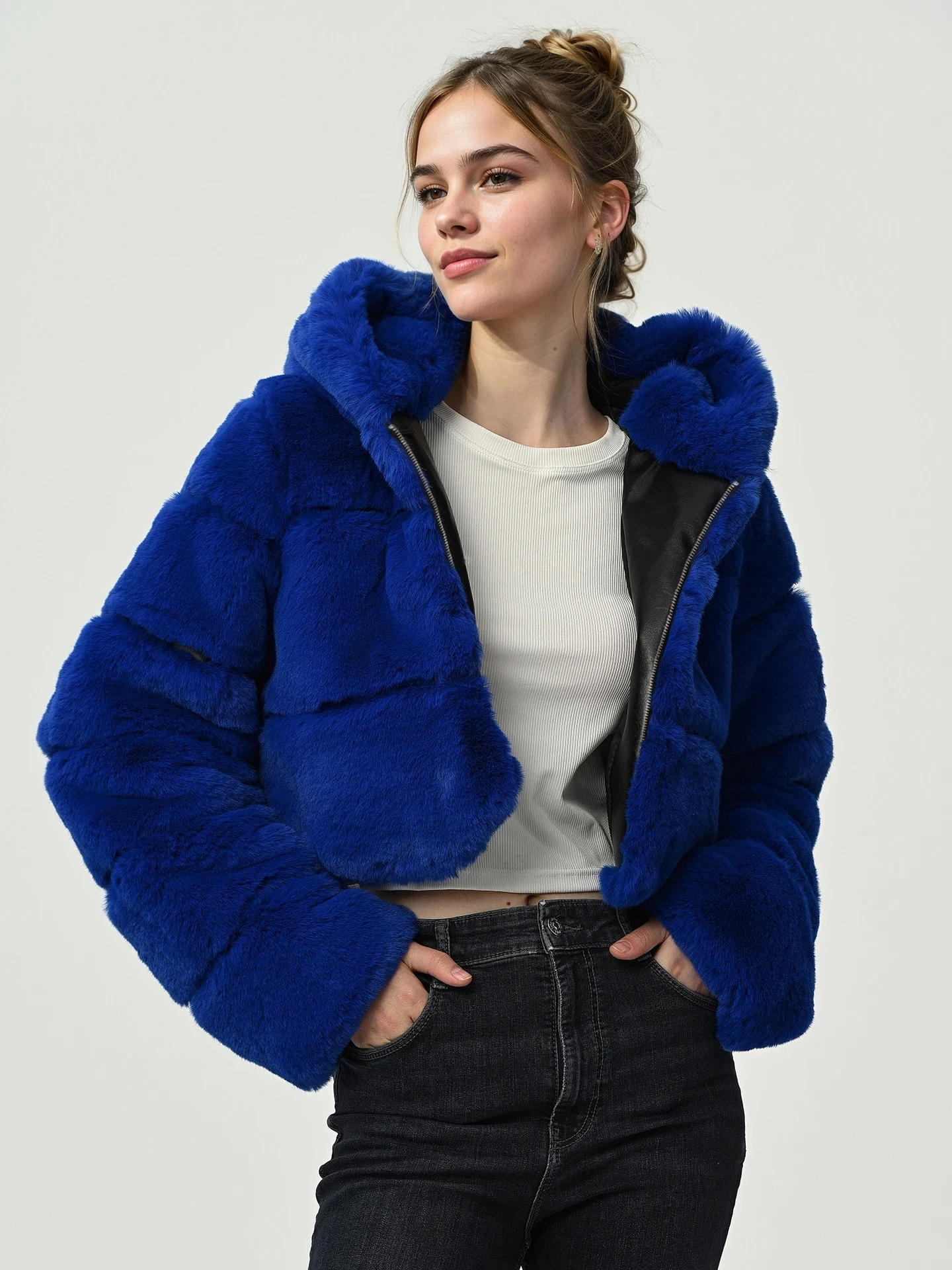 새로운 고품질 퍼 크롭 인조 모피 코트 및 재킷 여성용 푹신한 후드 겨울 모피 재킷 마뉴 팜므