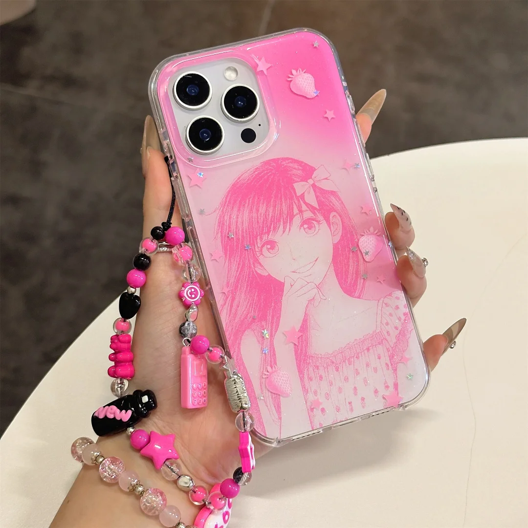 

kawaii pink sweet Strawberry girl Luxury Anime Phone Case For iPhone16 15 14 Pro Max Silicone Sparkling back Cover with lanyard﻿