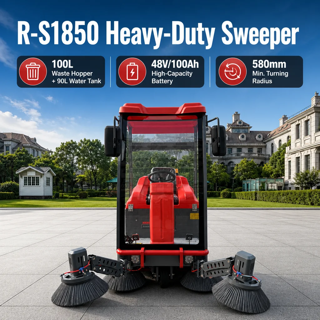 1850mm Sweeping Width Ride on Street Sweeper 12950m2/h High Efficiency Industrial Electric Road Sweeping Machine R-S1850