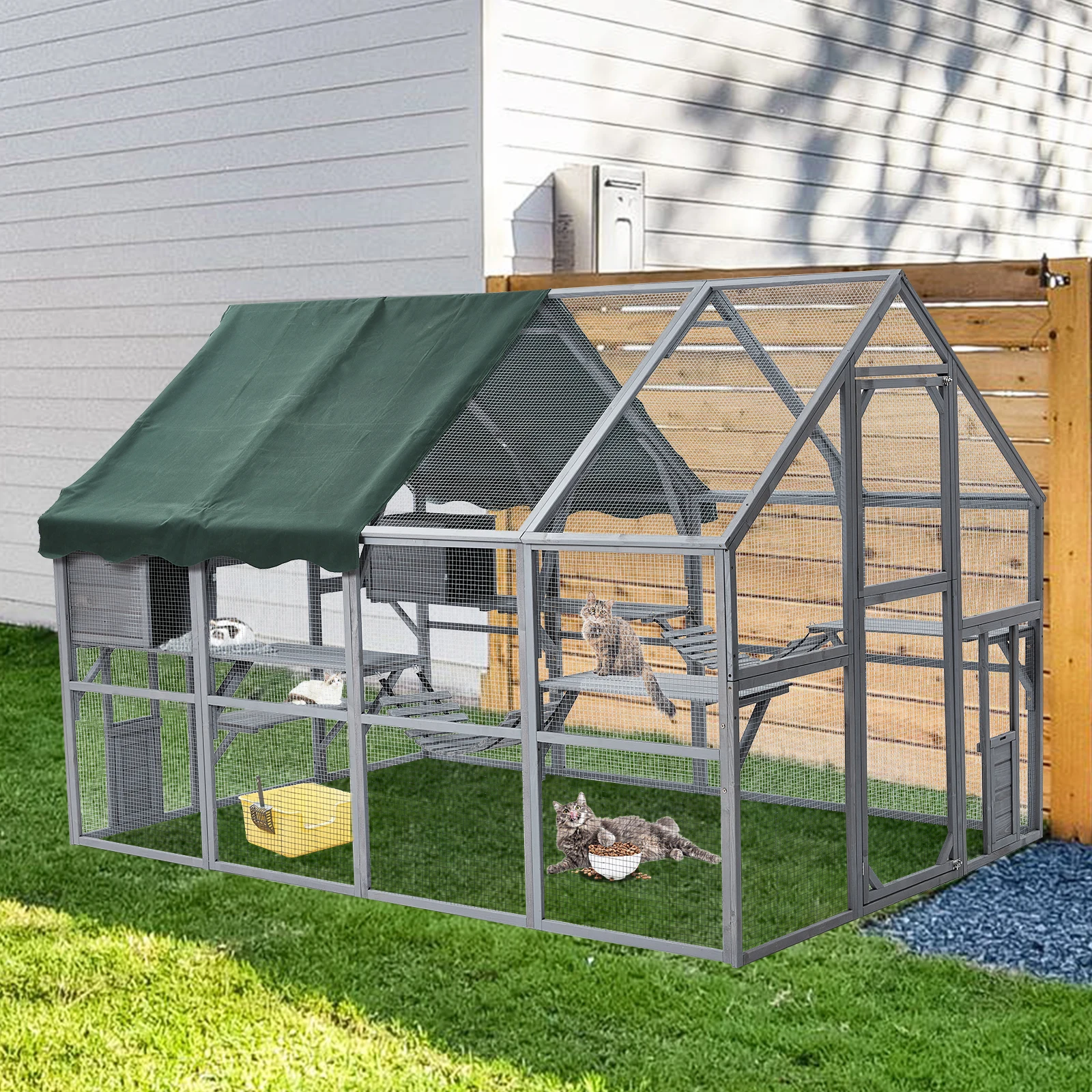 Large 110'' L Catio Enclosure with 2 Lockable Cat Doors and a Walk-in Door, Extra Large Pet Enclosure for 57 Ft² Space, Multiple Rest Boxes, Ramps, Platforms for Cats and Small Animals Use