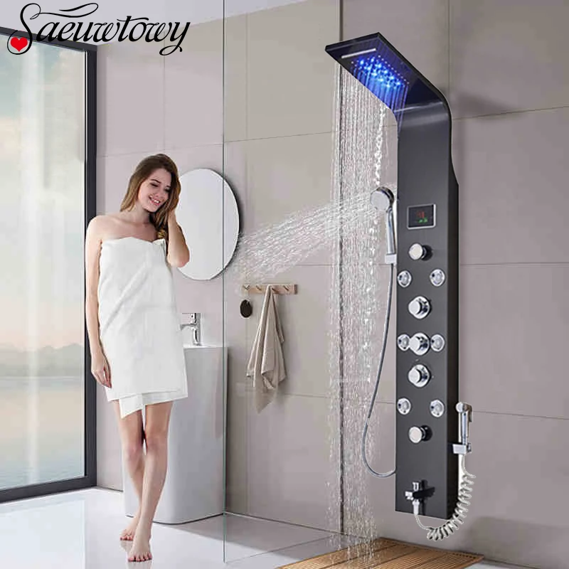 Настенная душевая панель Saeuwtowy с LED-подсветкой, водопадным изливом, смесителем, бидетным распылителем и дисплеем температуры