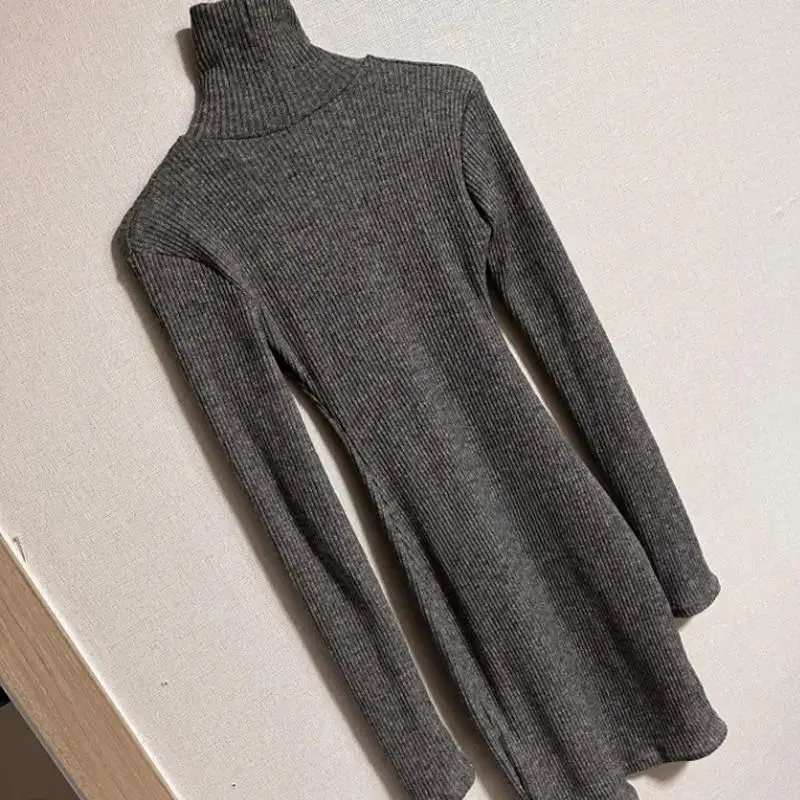 เดรสสั้นแขนยาวทรงเข้ารูปคอเต่าสไตล์สาวเปรี้ยว สำหรับฤดูใบไม้ร่วงและฤดูหนาว สไตล์เกาหลี กระโปรงทรงบอดี้คอน ดีไซน์พับชายเสื้ออเนกประสงค์