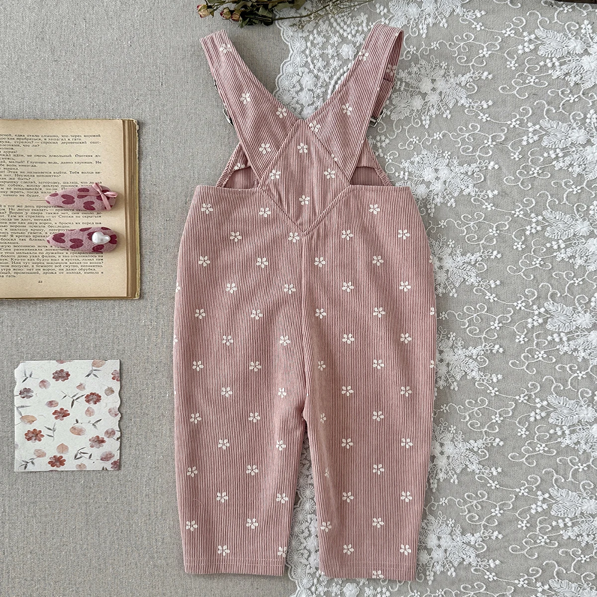 Pink flower print Corduroy Baby Girls Overalls | Adjustable Strap Toddler Jumpsuit Spring/Autumn Newborn Clothing 0-3Y
