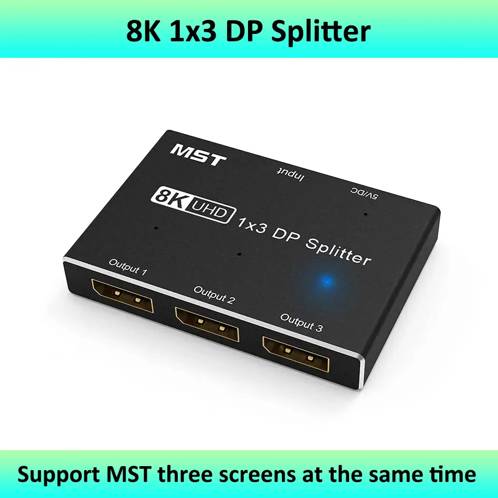 DisplayPort Splitter hub1 in 3 out dp 8K@30Hz 4K@144Hz DP 1.4 Triple Splitter MST Adapter 1*3 Port for 3 Ultra HD Display Port