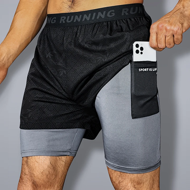 Summer Men\'s Running Shorts Quick Dry Fitness Double Layer Shorts 2 in 1 Workout Training Fitness Bodybuilding Jogging Shorts