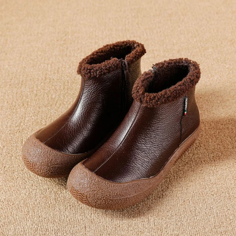 Genuine Leather Warm Cotton Boots Ankle Boots Cowhide Soft Botton  Surface Winter Thick Sole Mother Shoes