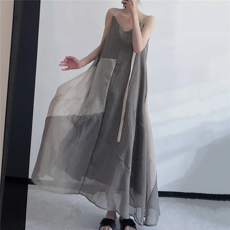 Women Vintage Patchwork Irregular Beach Maxi Dress Vacation Elegant Long Dresses V Neck Sleeveless Spaghetti Strap Sundress Robe