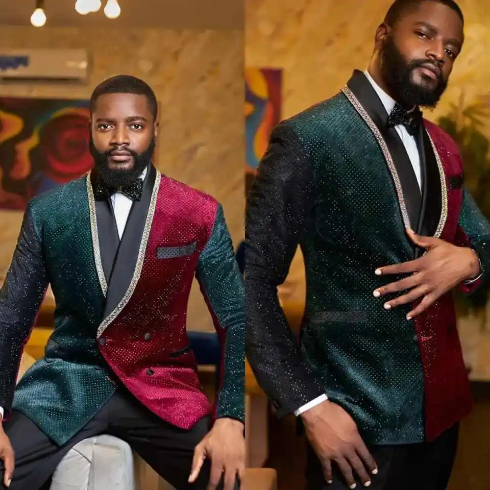 Chic Multicolor Splicing Rhinestone Men Suit 2 Pieces Jacket Pants Set For Pageant Event Birthday Gala Stylish Ceremony Custom