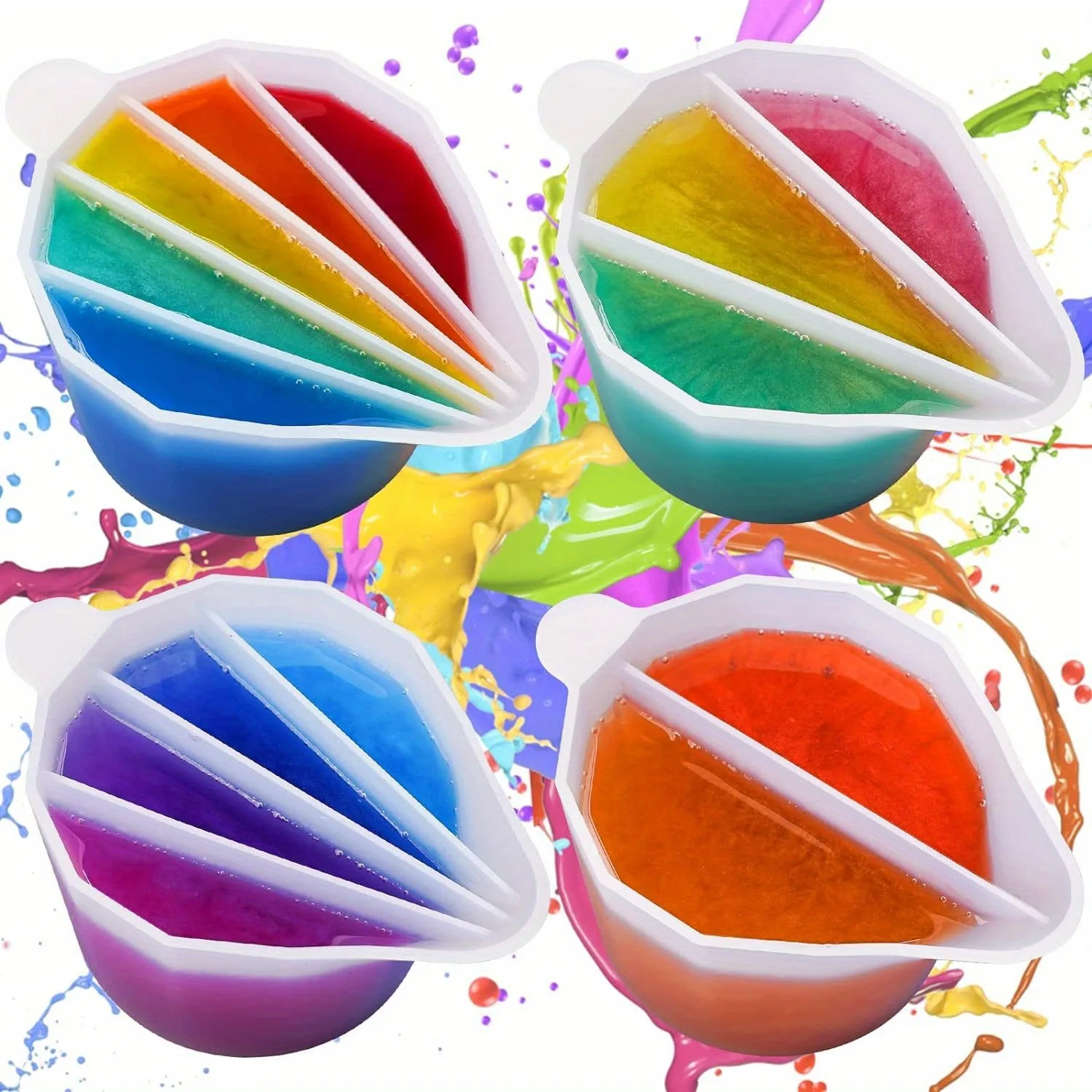 4PCS Silicone Split Cups, 4Pcs Thicken&Reusable Resin Mixing Cups with 2-5Channels, Dividers Paint Supplies, Fluid Art for Resin