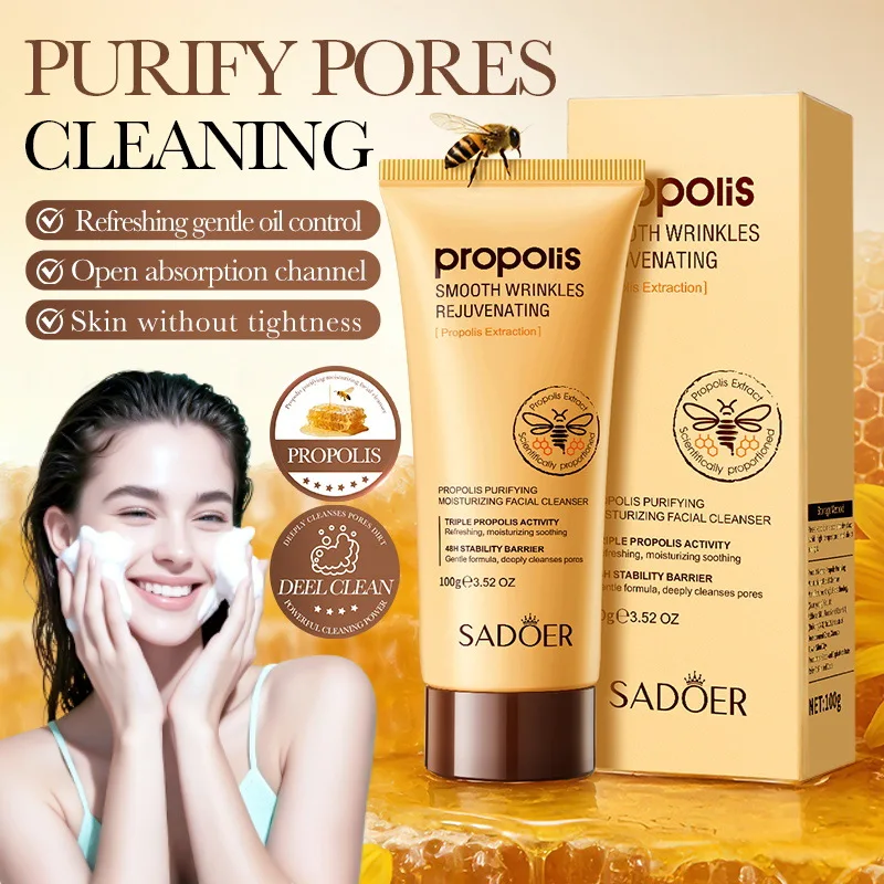 Limpiador Facial de Propóleo Dorado SADOER, Hidratante, Antiarrugas, Limpieza Profunda, Espuma Limpiadora Facial Antienvejecimiento