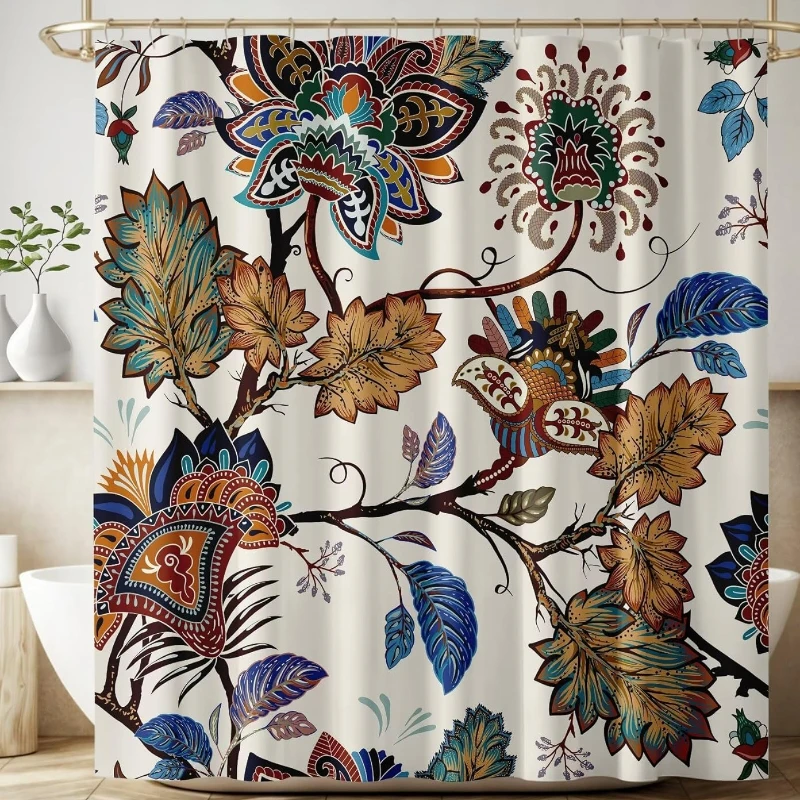 

Boho Floral Shower Curtain Vintage Abstract Bohemian Flower Leaf Plant Colorful Art Print Waterproof Bath Curtain for Bathroom
