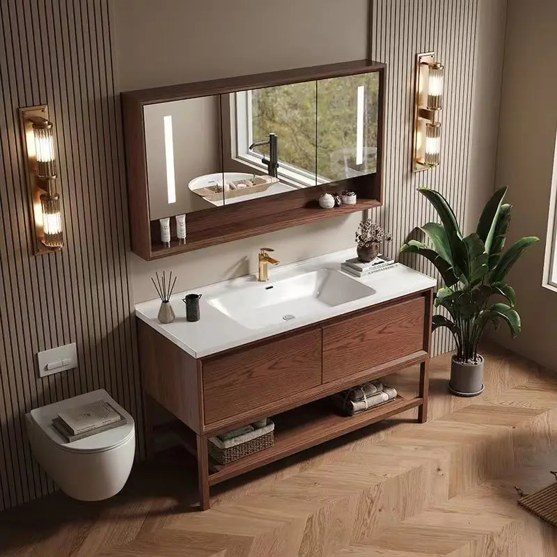 Chinese floor-to-ceiling red oak ceramic integrated wash basin bathroom cabinet combination