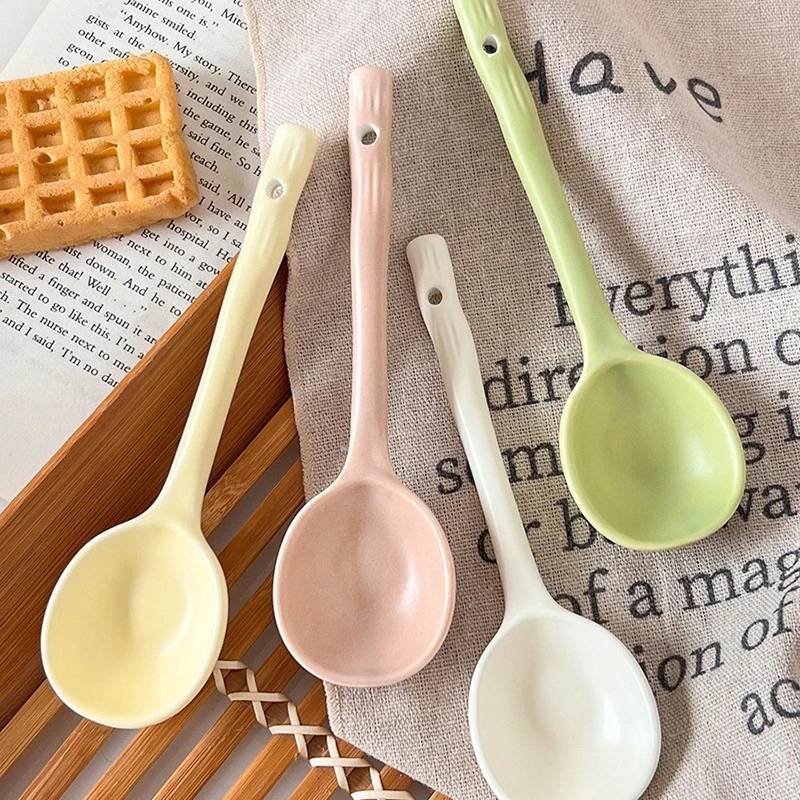 Ceramic Spoon Small Soup Spoon Long Handle Japanese Household High Value Soup Special Round Head Soup Ladle Porridge Spoon