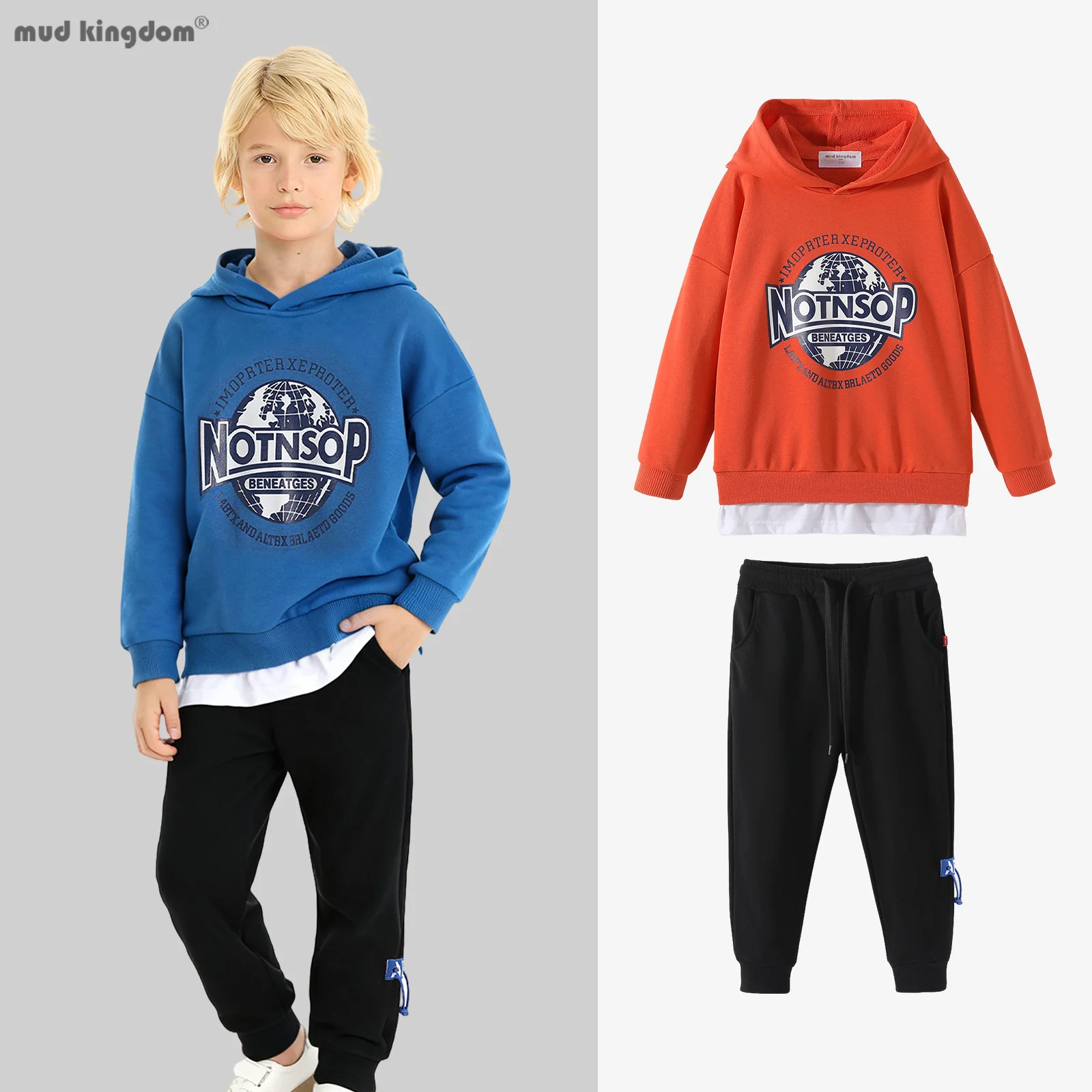 

Комплект одежды Mudkingdom для мальчиков, искусственная многослойная толстовка с капюшоном и принтом, штаны-джоггеры, повседневная одежда из двух предметов для малышей для маленькой лечевицы