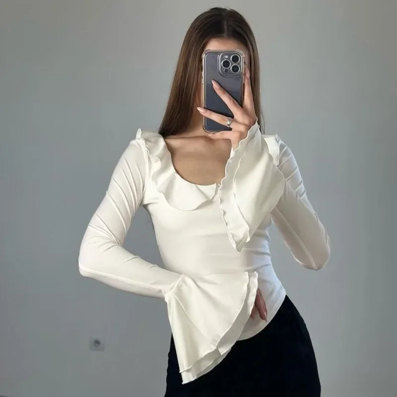 

White Ruffle Top Women's Sexy Slim Solid Long Sleeve Pullover Top Elegant Patchwork Streetwear Casual Top T-Shirt Female