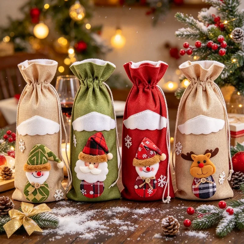 Christmas Linen Wine Bottle Cover 3D Santa Figurine Drawstring Wine Bag Cartoon Decor for Hotel Holiday Table Ornament