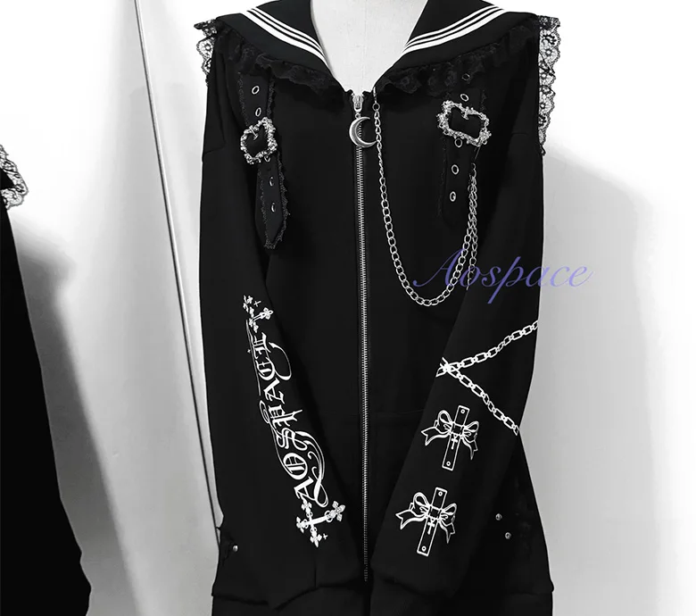 Subculture Printed Long Sleeve Navy Sailor Jacket Women Original Gothic Printed Splicing Color Loose Mid-length Balck Jacket