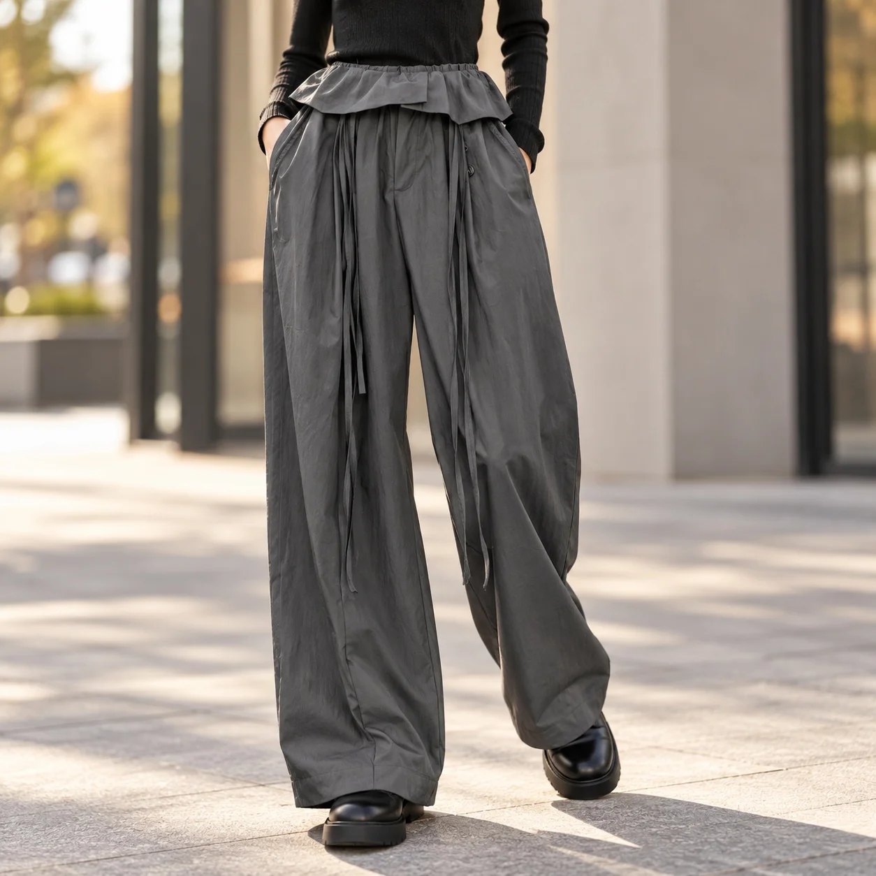Pockets Tie Pants Regular Thickness Workwear with Buttons Full Length Mid Waist Autumn Intellectual Style Gathering Women Pants