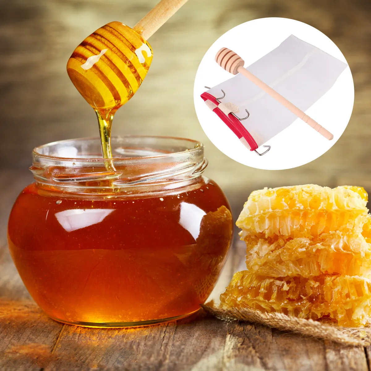 2Pcs Honey Filter Tool Set Nylon Mesh Strainer Net and Wooden Stir Stick for Pure Honey Filtration Kitchen Beekeeping Homemade