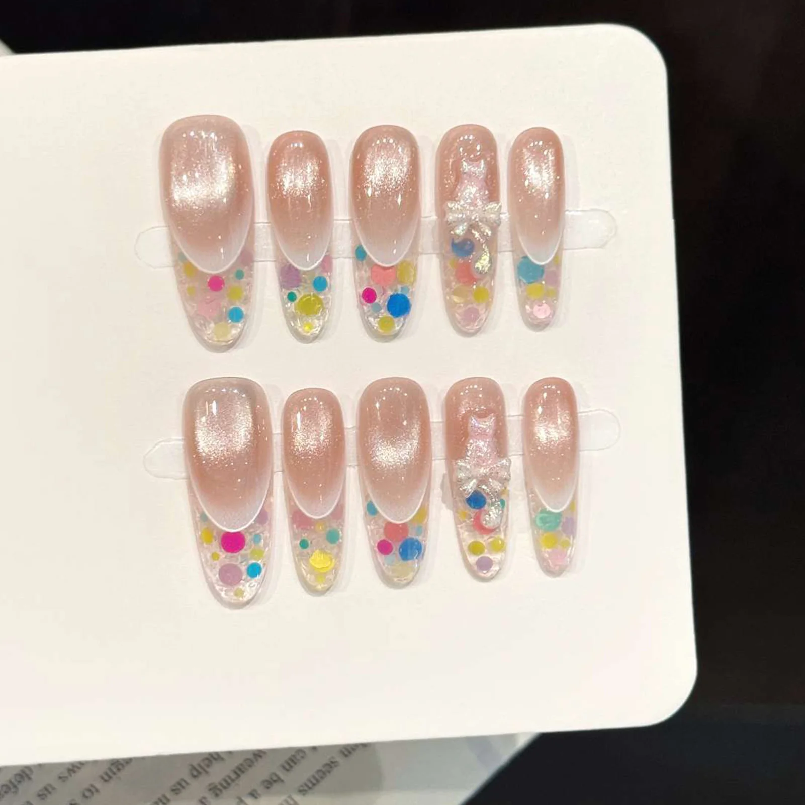 Long Oval Press On Nails 10pcs Handmade Cat's Eye False Nails Transparent Colorful Sequins French Nail Tips For Party Wedding
