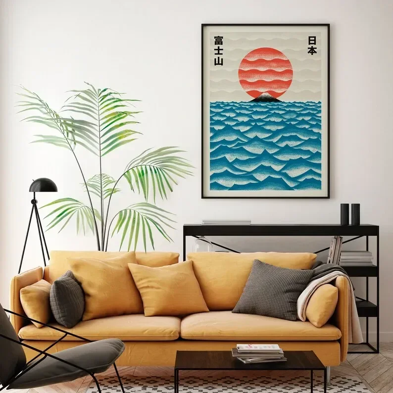 Japanisches zeitgenössisches Kunst-Leinwandposter mit Sonnenaufgang, Welle, Berg Fuji, Monster-Wandkunstdrucke für moderne Wohnzimmer-Dekoration – Detail 3