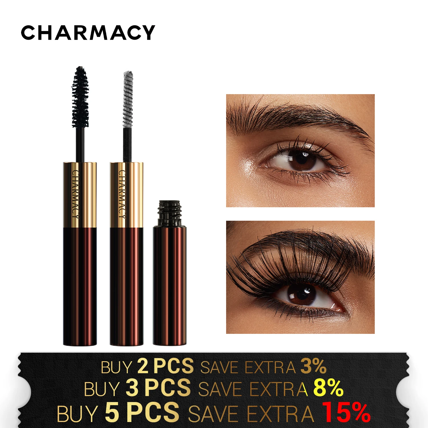 CHARMACY 3D Verlängerung Doppel Mascara Schwarz Lash Wimpern MascaraThin Pinsel Wasserdicht Leicht zu Tragen Hohe Qualität Make-Up Kosmetische