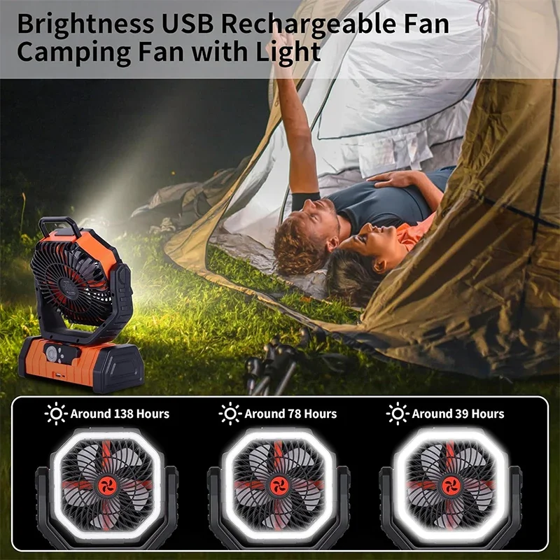 Ventilador de escritorio portátil para acampar con luz LED, ventilador de Camping silencioso recargable, funciona con pilas con gancho para colgar para el dormitorio del hogar