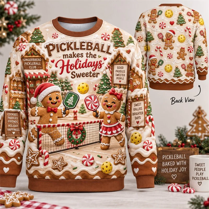 Men Crewneck Sweatshirt Gingerbread Man Pickleball ugly Christmas sweater Candy Cane Print Xmas Holiday Pullover hoodie Top