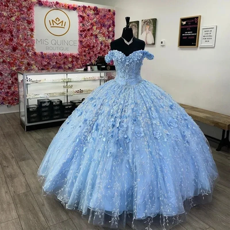 Vestido azul claro para quinceañera, traje De tul con hombros descubiertos, para fiesta De baile De graduación, 16 Años