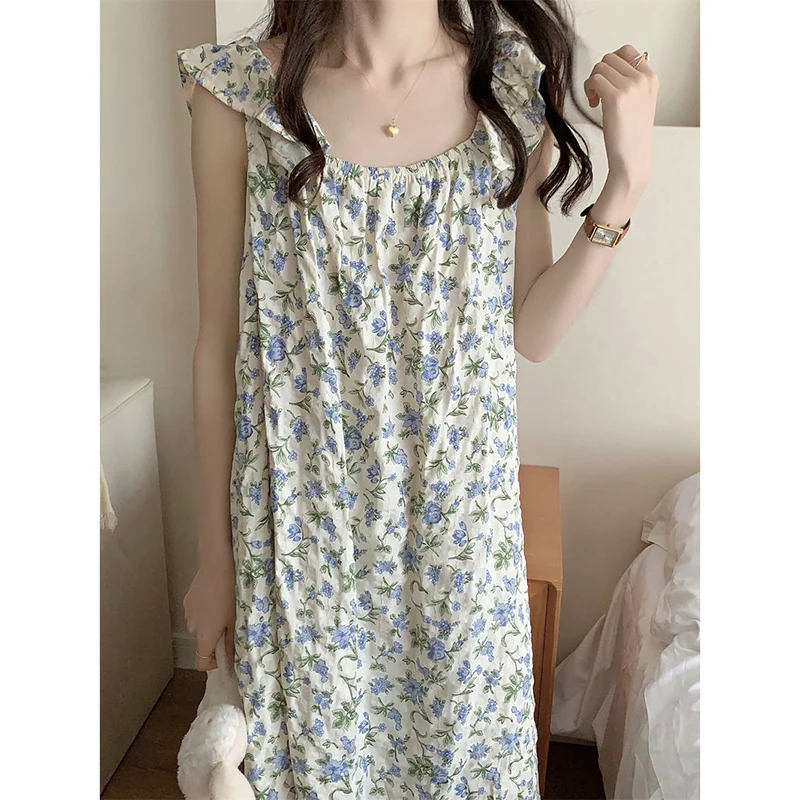 Floral Sleepwear Woman Fly Sleeves Summer Nightgown Korean Nightwear Night Dress One Piece Pajamas Sleeping Home Wear 2024 New