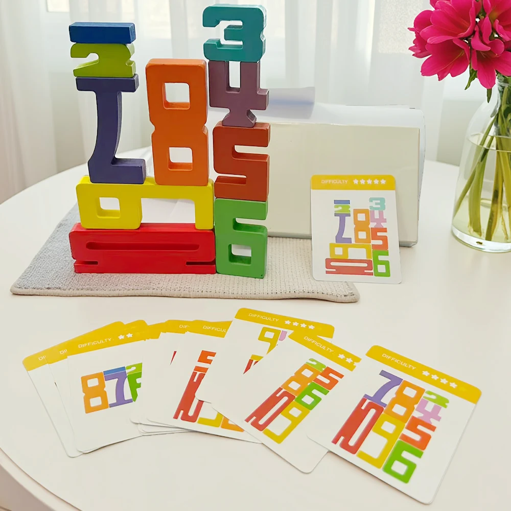 Wooden Digital Building Blocks, Number Stacking Blocks, 15pcs Double-Sided Cards, Children's Educational Toy For Math Learning