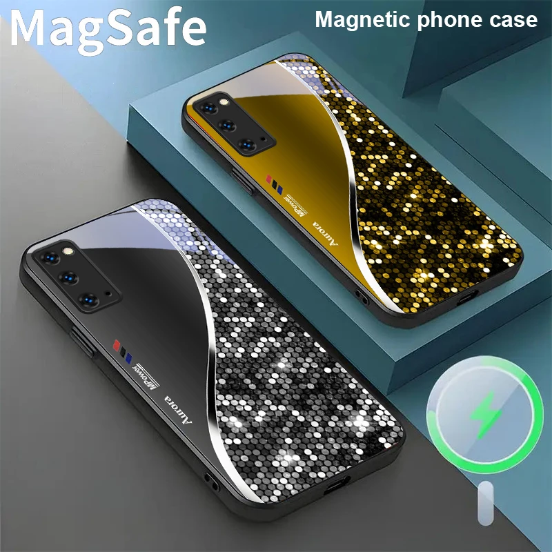

The curve of silver metal For Magsafe Samsung Galaxy S20 FE S21 S22 S23 Plus S24 Ultra 25 Edge S24Ultra 22Plus Glass Phone Casee