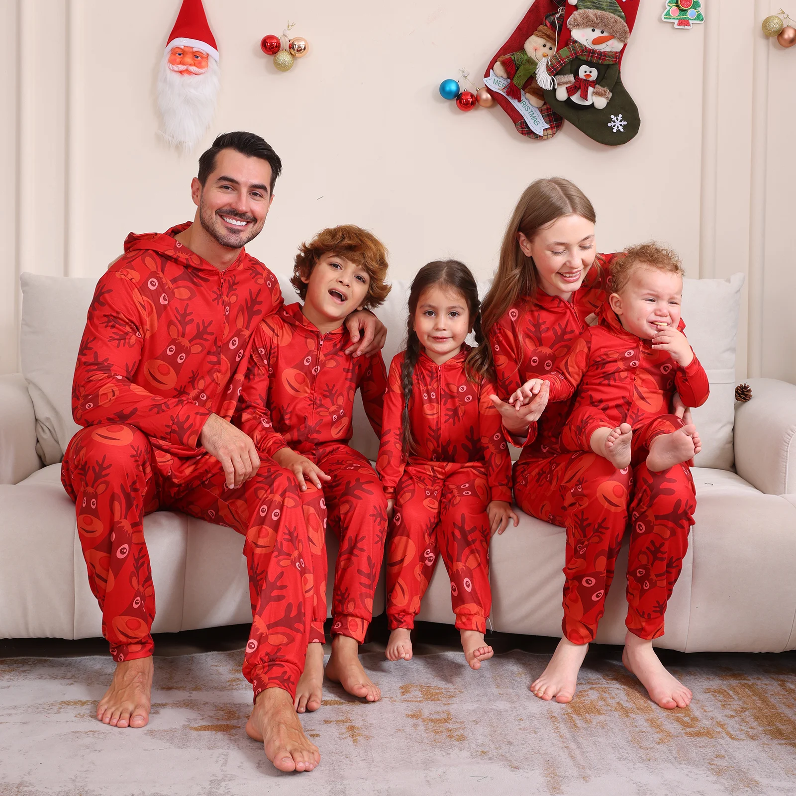 Merry Christmas Allover Print Mom Dad Kids Matching Outfits Elk Ear Hooded Romper Xmas Pyjamas Onesie Cute Loose Zipper Jumpsuit