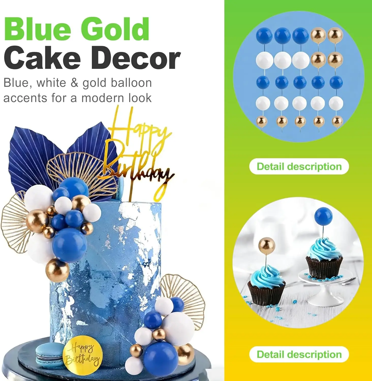 Blau-Gold Boho Tortendekoration mit Papierfächerchen und Ginkgo-Blatt-Deko - Happy Birthday Picks für Geburtstag, Hochzeit, Babyparty – Detail 5