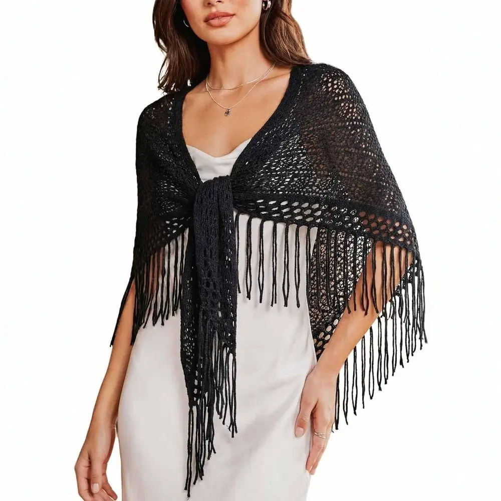 Retro Cape Knitted Triangle Scarf Wraps Crochet Tassels Shawl Cloak Solid Color Fart Curtain Women